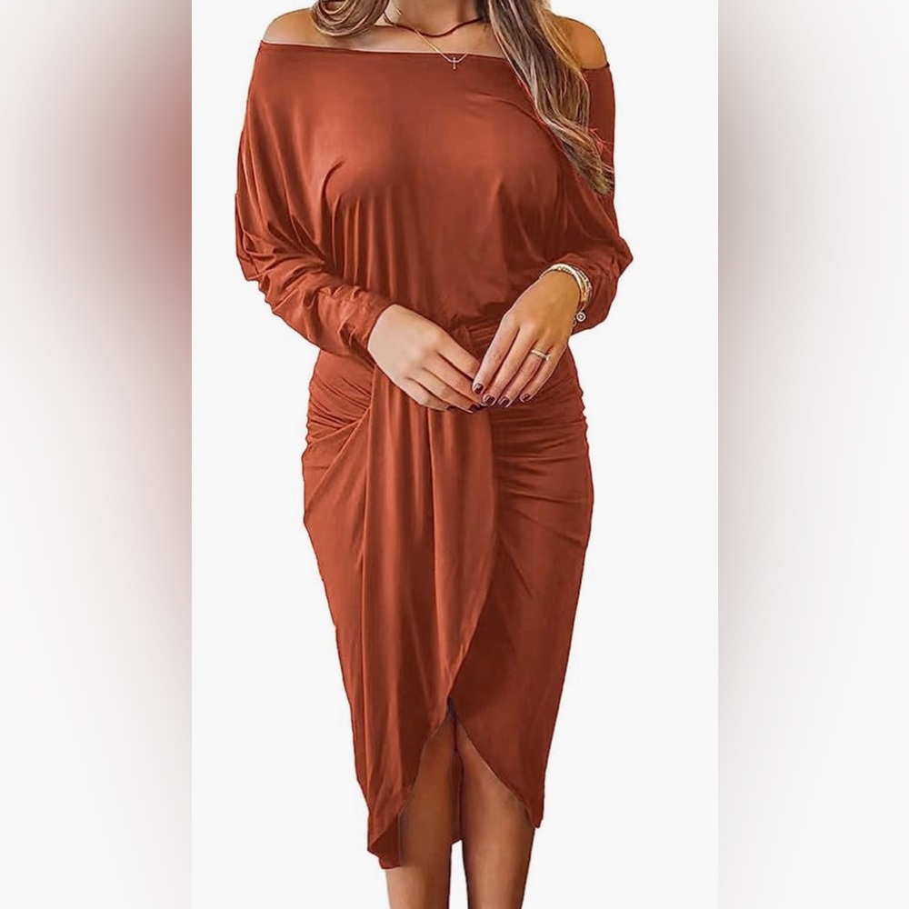 Women's Ruched Midi Dress Off Shoulder Long Sleeve